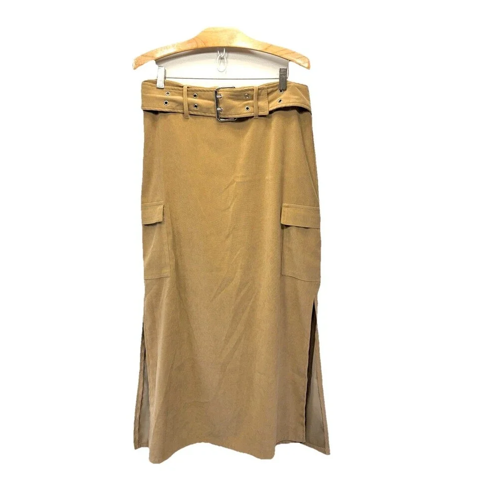 Tracy Evans Vintage Y2K Cargo Maxi column Skirt Belted Side Slits Tan Size 11
